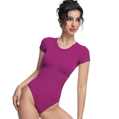 Bolsamila Everyday Crew Neck Bodysuits Shirts Short Sleeve Thong Compression Shapewear Slimming One Piece Summer Going Out Tops Fuxia S - Image 1