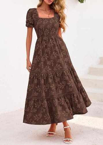 Lazysmile Women's Summer Boho Floral Maxi Dress Short Sleeve Square Neck Smocked Ruffle Elegant Wedding Guest Dress Brown - Thumbnail 5
