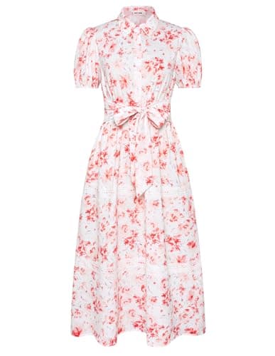 GRACE KARIN Women's 2026 Summer Floral Flowy Dresses Boho Tie Belt Short Puff Sleeve A Line Maxi Shirt Dress with Pocket White Pink X-Large - Image 1
