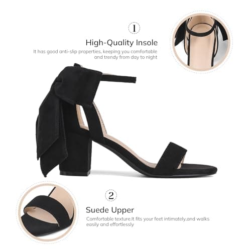 Yremael Women's Heeled Sandals Black Bow Round Open Toe Buckle Chunky Block Heel Comfortable Wedding Dress Shoes - Thumbnail 4