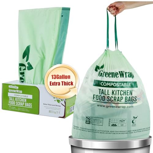 GreeneWrap 13 Gallon Compostable Trash Bags Liner with Drawstring, Heavy Duty Extra Thick 1 Mil, 49.21 Liter, 30 Bags, Tall Kitchen Food Scrap Waste Bag, BPI and OK Compost Home Certified, ASTM D6400 - Image 1