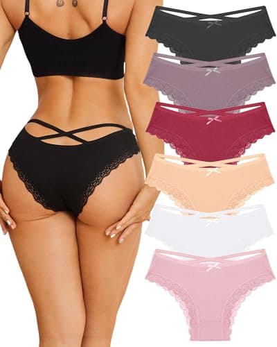 ALL OF ME Women Cotton Underwear Sexy Criss Cross Lace Trim Low Rise Lingerie Wife Gift Cheeky Bikini Panties 6 Pack - Image 1