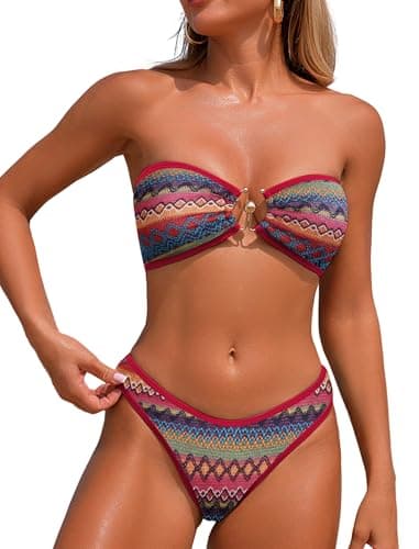 ZAFUL Women's Colorblock Stripes Bikini Sets Cheeky Boho Geo Print Color O Ring Bandeau Bathing Suit for Beach Holiday (Boho Wine Red M) - Thumbnail 2
