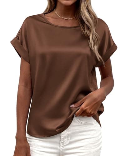 BTFBM Summer Tops for Women 2026 Dressy Satin Blouses Loose Crew Neck Short Sleeve Shirts Work Business Casual Outfits(Chocolate Brown, Large) - Image 1