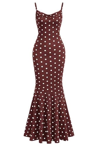 PRETTYGARDEN Womens Summer Dresses 2026 Polka Dot Spaghetti Strap Cowl Neck Bodycon Wedding Cocktail Mermaid Maxi Dress(Dot Brown White,Medium)