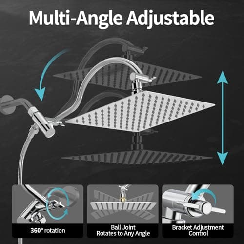 All Metal 10" Rain Showerhead with Handheld Spray Combo, Rainfall Overhead Shower Set with 12.6" Adjustable Extension Arm&Adhesive Bracket for All Families Chrome Waterfall Shower Head with Hose - Thumbnail 4