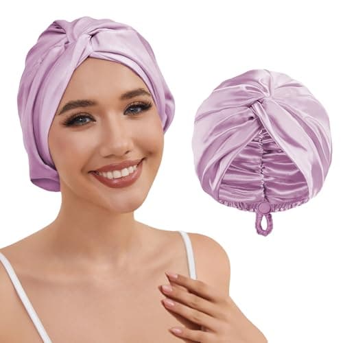 HFRHTGY Adjustable Silk Satin Hair Bonnet for Sleeping Women Hair Wrap, Double Layer Night Turban, Sleep Cap for Natural Curly Straight Unisex - Lavender - Image 1