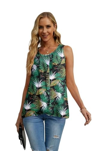 IWOLLENCE Womens Summer Tank Tops Sleeveless Chiffon Double Layers Blouse Loose Round Neck Casual Shirts Black Palm Leaf Medium - Thumbnail 2