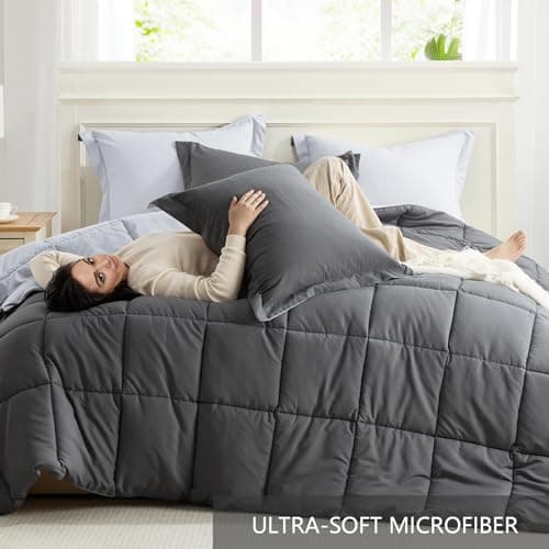 Homelike Moment Queen Comforter Set Grey, Comforters Queen Size Set, Soft Lightweight Down Alternative Bed Comforter Full Size Reversible All Season 3 Pieces Sets Grey/Light Gray - Thumbnail 5