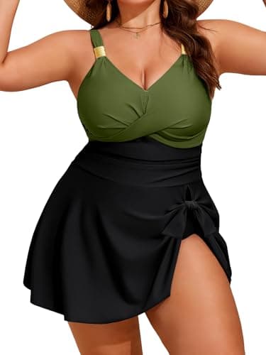 HUSKARY Slimming Tummy Control Swimsuits for Women One Piece Full Coverage Modest Bathing Suits Long Push Up Swim Dress Black Army Green - Thumbnail 2