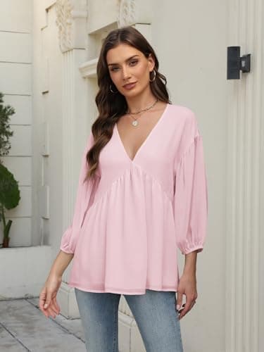 Aotasely Women's Flowy Peplum Babydoll Tops 3/4 Length Puff Sleeve Shirts Trendy Casual Loose Fit Blouse V Neck Outfits Pink - Thumbnail 5