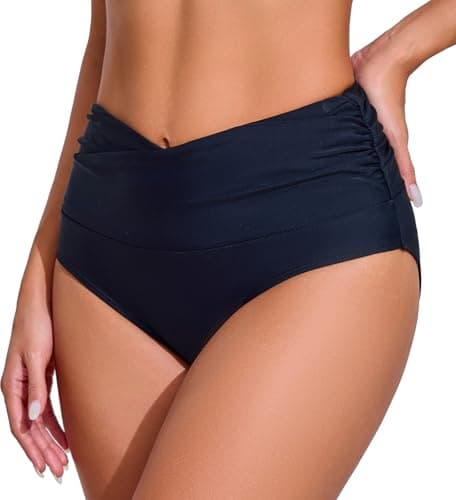 COCOPEAR V-Cross High Waisted Bikini Bottoms Tummy Control Full Coverage Bikini Bottoms for Women Black S - Thumbnail 4