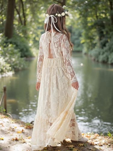 ALLOVIN Toddler & Girls Long Sleeve Lace Flower Girl Dress Maxi Boho A-Line Dress for Wedding Baptism 1st Communion | Light Yellow | 10-11Y - Thumbnail 6
