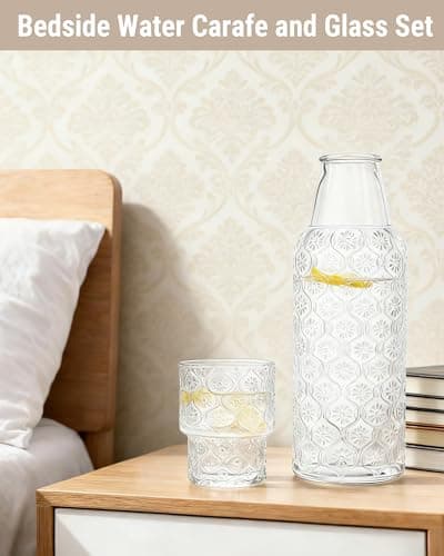 DmmyAlzx Bedside Water Carafe and Glass Set, 20.5oz Glass Pitcher with 6oz Tumbler Lid, Nightstand Water Container & Mouthwash Dispenser for Bedroom & Bathroom, Daisy-Pattern - Thumbnail 5
