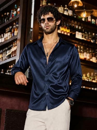 Vssjavun Men's Satin Dress Shirt Shiny Button Down for Party Club Disco - Thumbnail 3