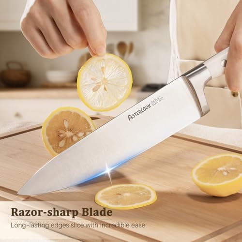 Astercook Knife Set, Kitchen Knife Set with Block and Sharpener, 12 Pcs Ultra-Sharp High Carbon Stainless Steel Knife Block Set with Non-Slip Full Tang Ergonomic Handle, Cream White Cutlery Set - Thumbnail 3