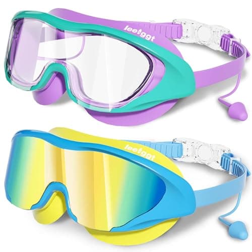 LEEIGGT Swimming Goggles for Kids 8-14, 2 Pack Anti Fog UV Kids Swim Goggles with Ear Plugs Attached