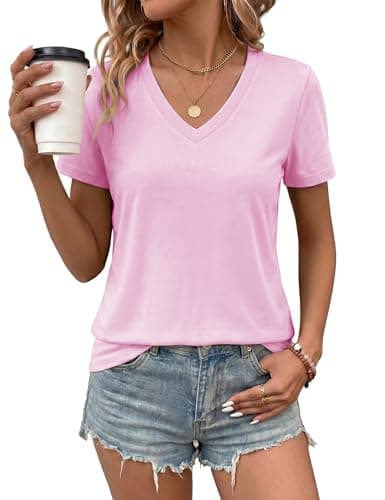 LaGracia Women's Cotton T Shirt V-Neck Short Sleeve Shirt Classic-Fit Casual Breathable Tee Summer Basic Tops Pink M - Image 1