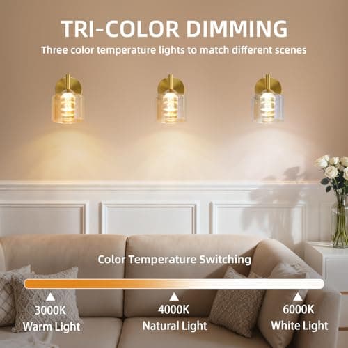 TYhogar Wall Sconces Set of Two,Gold Wall Lights with Amber Glass,Acrylic Bubble Wick Sconces Wall Decor Set of 2,Hardwired 3 Color Temperature Wall Sconce for Bathroom,Bedroom,Living Room - Thumbnail 2