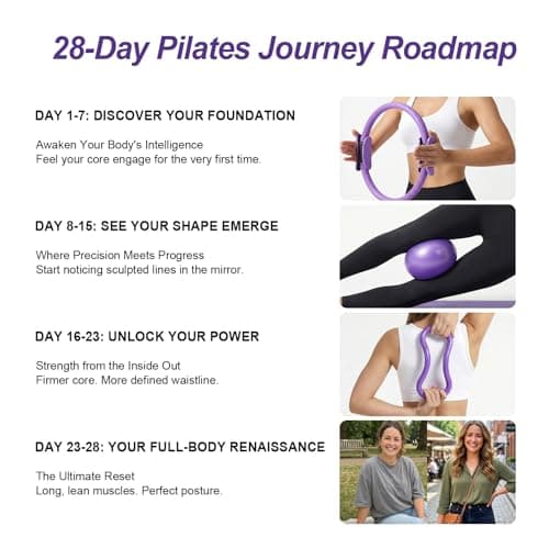 ElaraFit Home Pilates Ring and Ball Set for Women with 5 Resistance Bands 13 inch Magic Circle Workout Starter Kit for Beginners Full Body Toning 15 Min Daily Routine,Purple Mix - Thumbnail 2