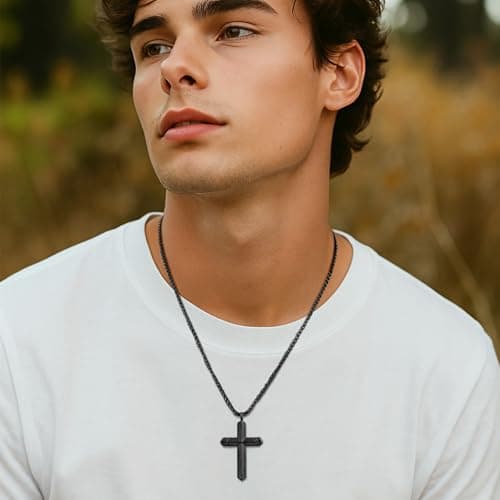 Stainless Steel Cross Necklace for Men, Silver Black gold plated Cross Pendant Jesus Necklace Chain, Non Tarnish Sturdy Mens Christian Jewelry Gifts for Him Baptism Confirmation Birthday, 24 Inch - Thumbnail 2