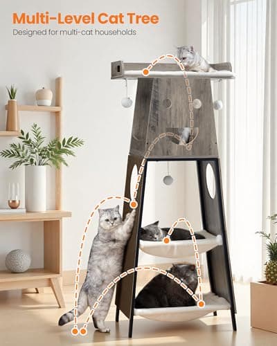 Feliskyn Modern Wood Cat Tree for Indoor Cats, 56 Inch Tall Cat Tower with Hammock, Multi-Level Trees with Perch Bed, 2 Hammock, Cat Condo, Scratching Board, Removable Pads, Cat Furniture, Greige - Thumbnail 5