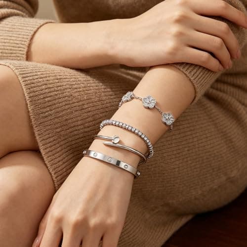 JINDETAI Stackable Silver Bracelets for Women - 3/4/5 Sets, Non-Tarnish Stainless Steel & Sterling Silver Trendy Stackable Bangle Jewelry Set, Gifts for Valentine's Day, Birthday, Prom and Christmas - Thumbnail 4
