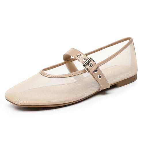 Rihero Mesh Ballet Flats for Women Comfortable Ballerina Shoes Square Toe Mary Jane Nude Flats with Strap Size 11 - Image 1