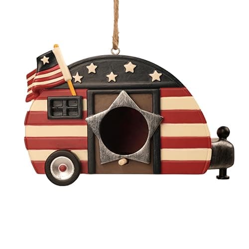Hanging Bird House for Outside, Hand-Painted Patriotic Camper Birdhouse, Resin American Flag Bird House with Cleaning Plug, Outdoor Garden Decor for Yard, Patio, Porch, Tree, Gift for Bird Lovers