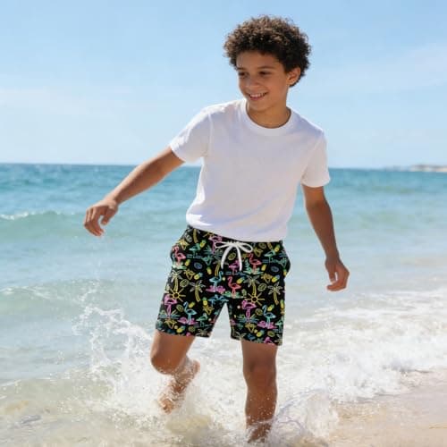 Cozople Boys Neon Swim Trunk Boxer Brief Quick Dry Swimsuit Commpression Coconut Tree Flamingo Swimming Short Anti Chafe UPF Black Bathing Suit Hawaiian Stretchy Swimwear Size 10-12 - Thumbnail 4