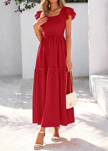 KIRUNDO Smocked Summer Dresses for Women 2026 Wedding Guest Midi Flowy Ruffle Short Sleeve Square Neck Tiered Sundress(Red, XX-Large) - Thumbnail 4