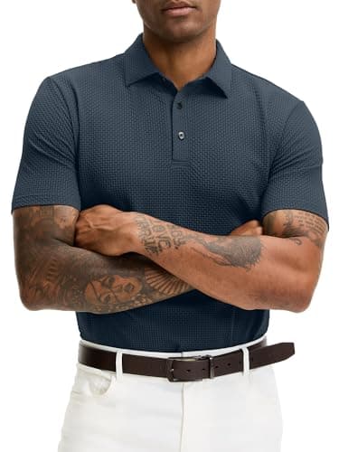 JEMLDL Men's Polo Shirts Super Stretch Casual Jacquard Collared Short Sleeve Golf Polo Shirts for Men Navy Blue S - Image 1