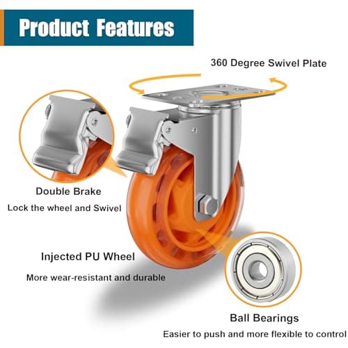 TESUMI 4" Inch Stainless Steel Caster Wheels Maintenance-Free SUS 304 Washable Heavy Duty Casters Total Lock Brake Anti-Corrosion Waterproof Caster Wheels for Restaurants, Labs, Hospitals-2 Packs - Thumbnail 4