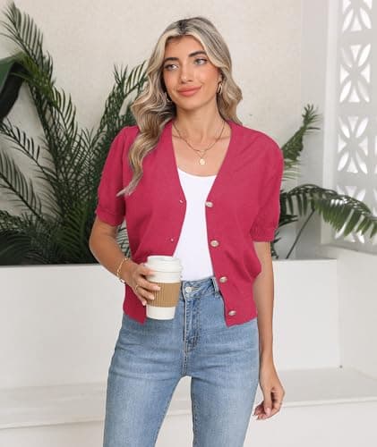 COSSEN Women's Cardigan Sweaters Rose Red X-Large V Neck Bolero Crop Coat Crochet Button Down Short Sleeve Short Tops Trendy Open Front Lightweight Jacket Summer Knit Cropped Shrug for Dress - Thumbnail 6