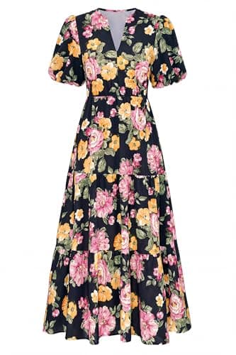 dowerme Womens Summer Dresses 2026 Casual Puff Short Sleeve V Neck Floral Boho Tiered Ruffle Maxi Dress with Pockets(Black Yellow Pink Floral,Large) - Image 1