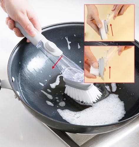 5-in-1 Soap Dispensing Dish Wand Kit | All-in-One Kitchen Cleaning Tool, Scrub Brush and Sponge Set with Soap Dispenser | Includes 2 Brushes, 2 Sponges, for Cleaning Dishes, Cookware, Utensils & Pots - Thumbnail 4