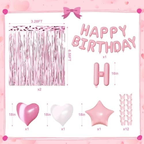 Pink Birthday Decorations for Women Girls, Metallic Pink Pearl White Confetti Foil Balloons Happy Birthday Banner Butterfly Fringe Curtains for birthday Party Supplies - Thumbnail 3