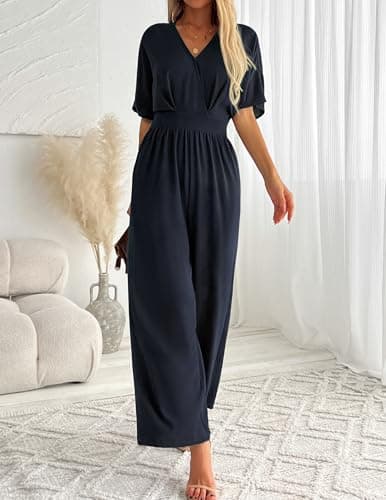 LOOKBOOK Womens Jumpsuit V Neck Batwing Sleeve Belted High Waist Wide Leg Romper with Pockets Casual One Piece Outfits Navy M - Thumbnail 5