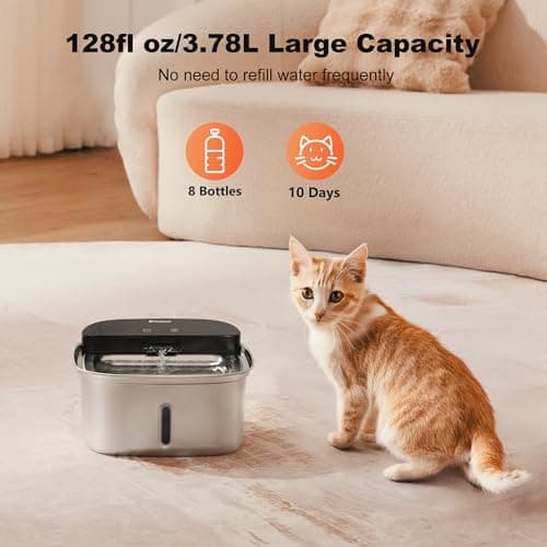 HOLAPAW Wireless Cat Water Fountain Stainless Steel, 128oz/3.78L Cordless Automatic Water Dispenser for Cats and Dogs, Battery Operated Drinking Fountain for Pets with Motion Sensor, Ultra Quiet Pump - Thumbnail 6