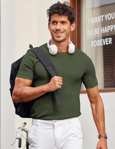 COOFANDY Mens Dress T Shirts Short Sleeve Knit T Shirt Casual Summer Shirt Crewneck Tshirts Army Green - Thumbnail 3