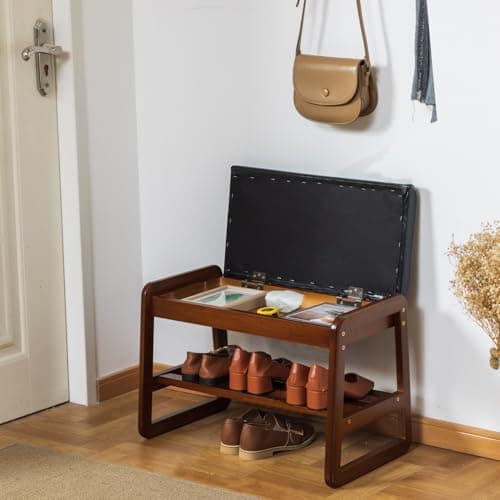 latifolia Solid Wood Bench, Entryway Shoe Bench with Cushion, Flip-Open Storage Compartment, 2-Tier Shoe Organizer(Black,21.65''L) - Thumbnail 4