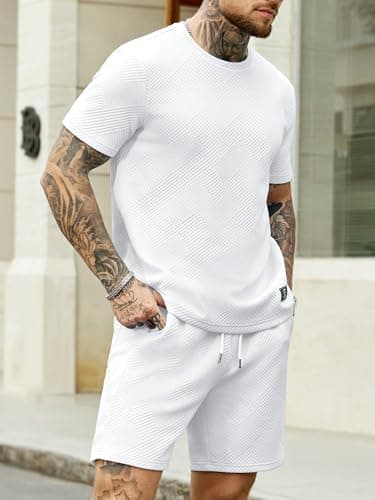 JEMLDL Mens 2 Piece Set Short Sleeve T-Shirt Shorts Summer Jacquard White Outfits Casual Lounge Wear Spring Clothes XL - Thumbnail 3