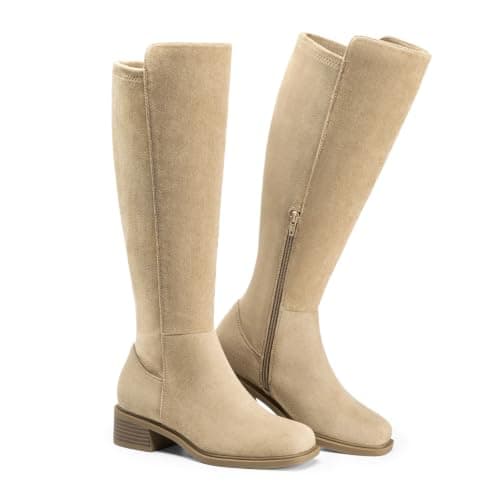 Athlefit Suede Boots for Women Knee High Square Toe Low Heel Riding Fall Boots Fashion Stretchy Side Zipper Long Tall Booties Camel 11 - Thumbnail 6