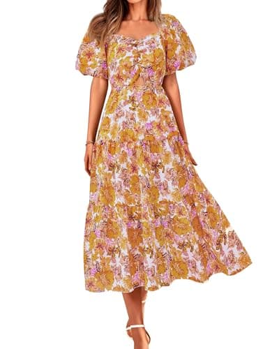 BTFBM Summer Dresses for Women 2026 Spring Outfits Beach Vacation Short Sleeve Smocked Boho Casual Floral Maxi Dress(Floral Yellow, Small)