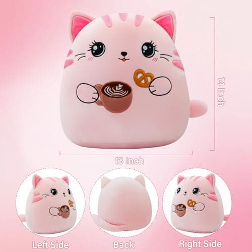 NIUBEHOHO Cat Plush Cushion Body Pillow - 14 Inch Cute Cat Stuffed Animal Cuddle Throw Pillow with Coffee Cookie for Sofa Bed Giant Cat Animal Body Pillow for Adult Kids Animal Plush Cushion - Thumbnail 3
