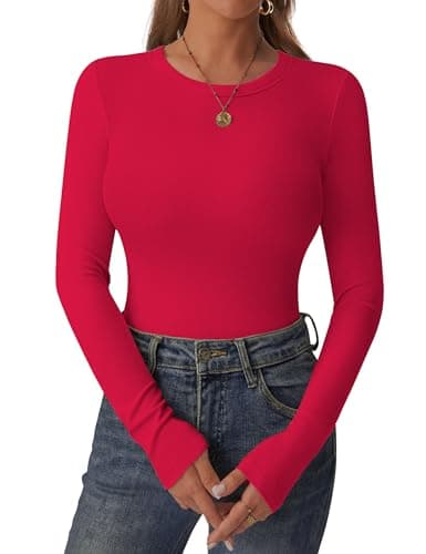 C.O.Z.Y Womens Long Sleeve Shirts Ribbed Crewneck Slim Fit Tops Casual Layering Basic Tee T-Shirt Trendy Outfits Red - Image 1