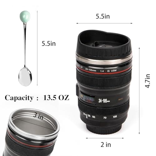AMZHUB Camera Lens Coffee Mug,Travel Coffee Cup,Stainless Steel Lens Mug Thermos Camera Mugs with Lid and Spoon,Cool Gifts for Photographers Men and Women - Thumbnail 3
