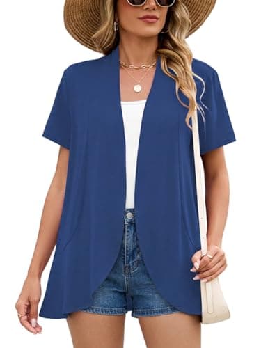 DEARCASE Women's Short Sleeve Shrugs Navy Blue X-Large V-Neck Lightweight Soft Open Front Cropped Cardigan Summer Sheer Shawl Spring Fall Bolero Draped SpringCardigans Casual Duster Cover up - Image 1