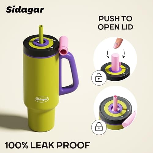Sidagar Tumbler with Handle,36 oz Ceramic Lined Travel Mug Water Bottle with Straw,Vacuum Insulated Stainless Steel Cup with Lid,Fits Cup Holder, Leak Resistant Press-in Lid,Green - Thumbnail 3