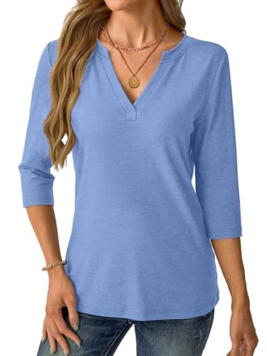 Womens Tops 3/4 Sleeve V Neck Spring Summer Work Tunic Shirts Business Dressy Casual Blouses A- Light Blue - Thumbnail 3